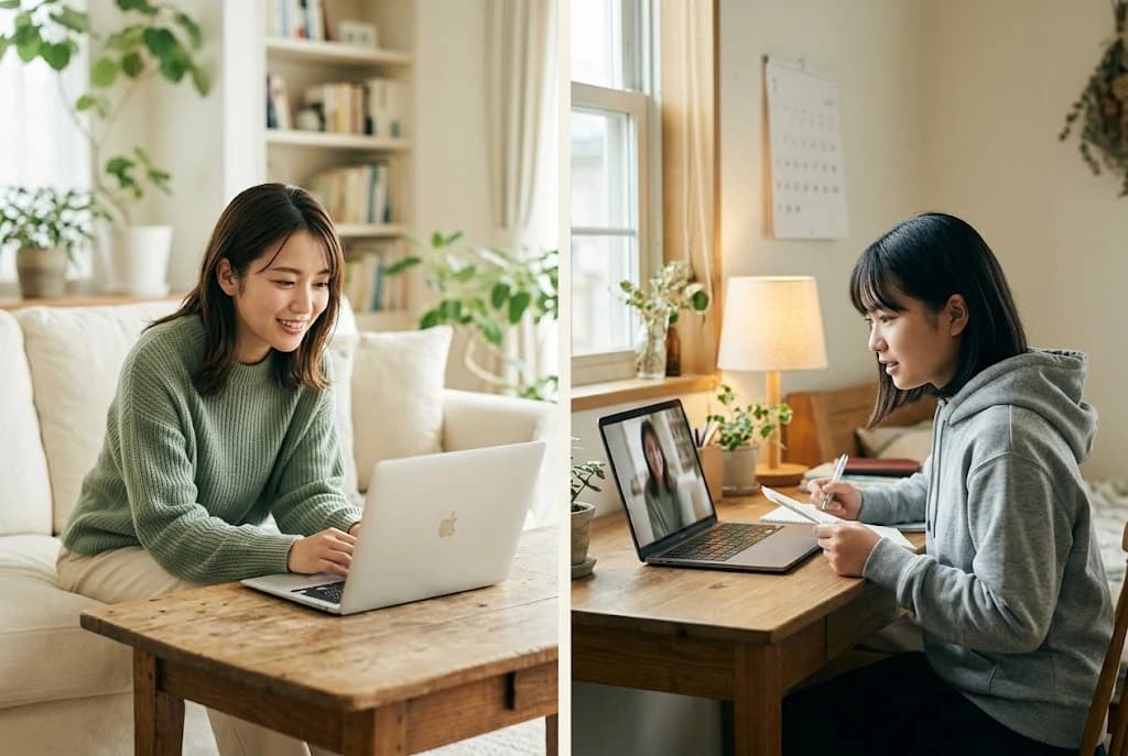 オンラインで通話しながら話す先輩と、それを聞くIB生の後輩の様子